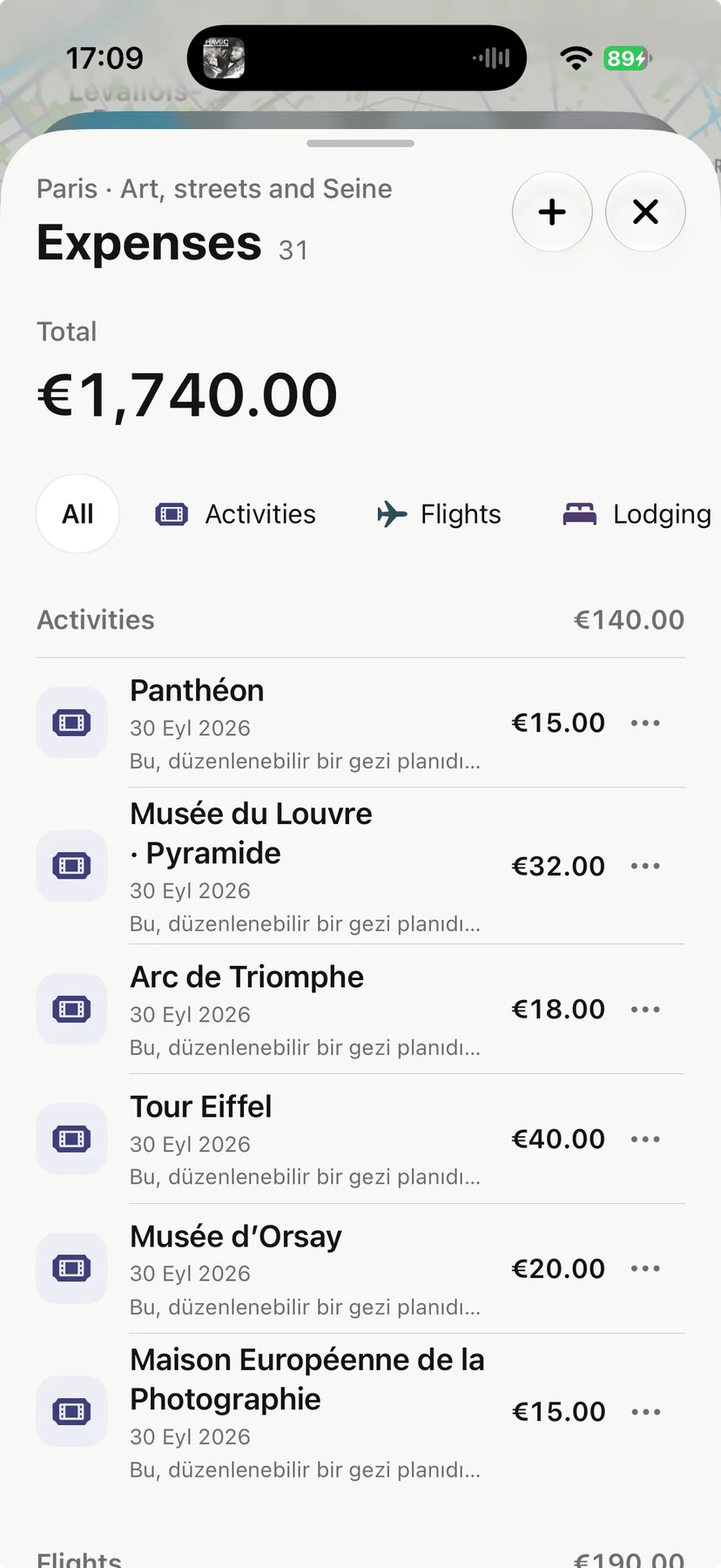 Expenses — Recorded costs for activities, flights and accommodation.