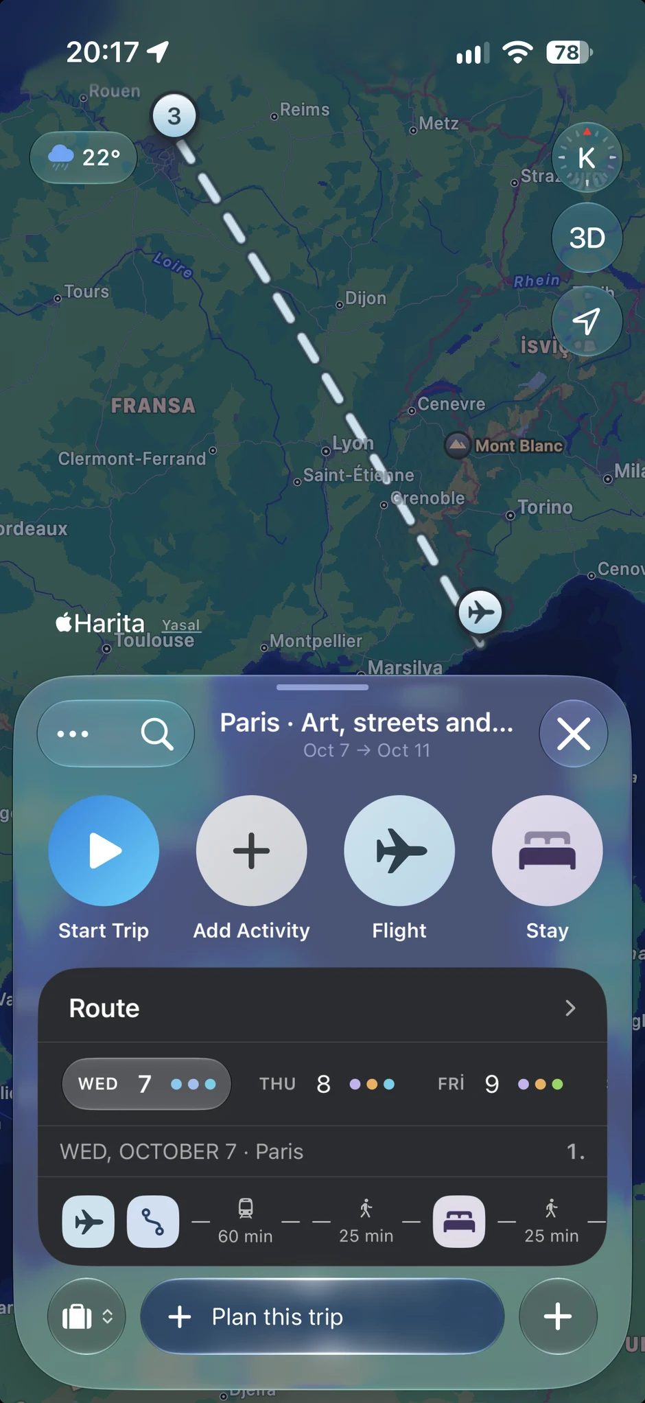 Flight route and daily itinerary in the Paris trip, in dark appearance