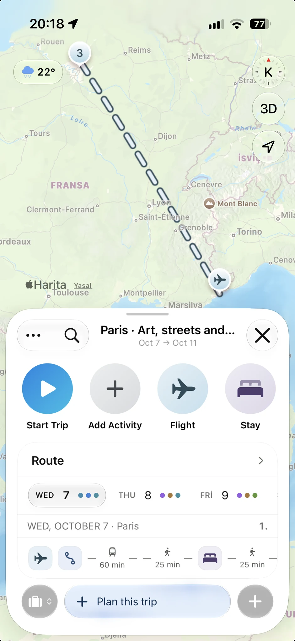 Flight route and daily itinerary in the Paris trip, in light appearance