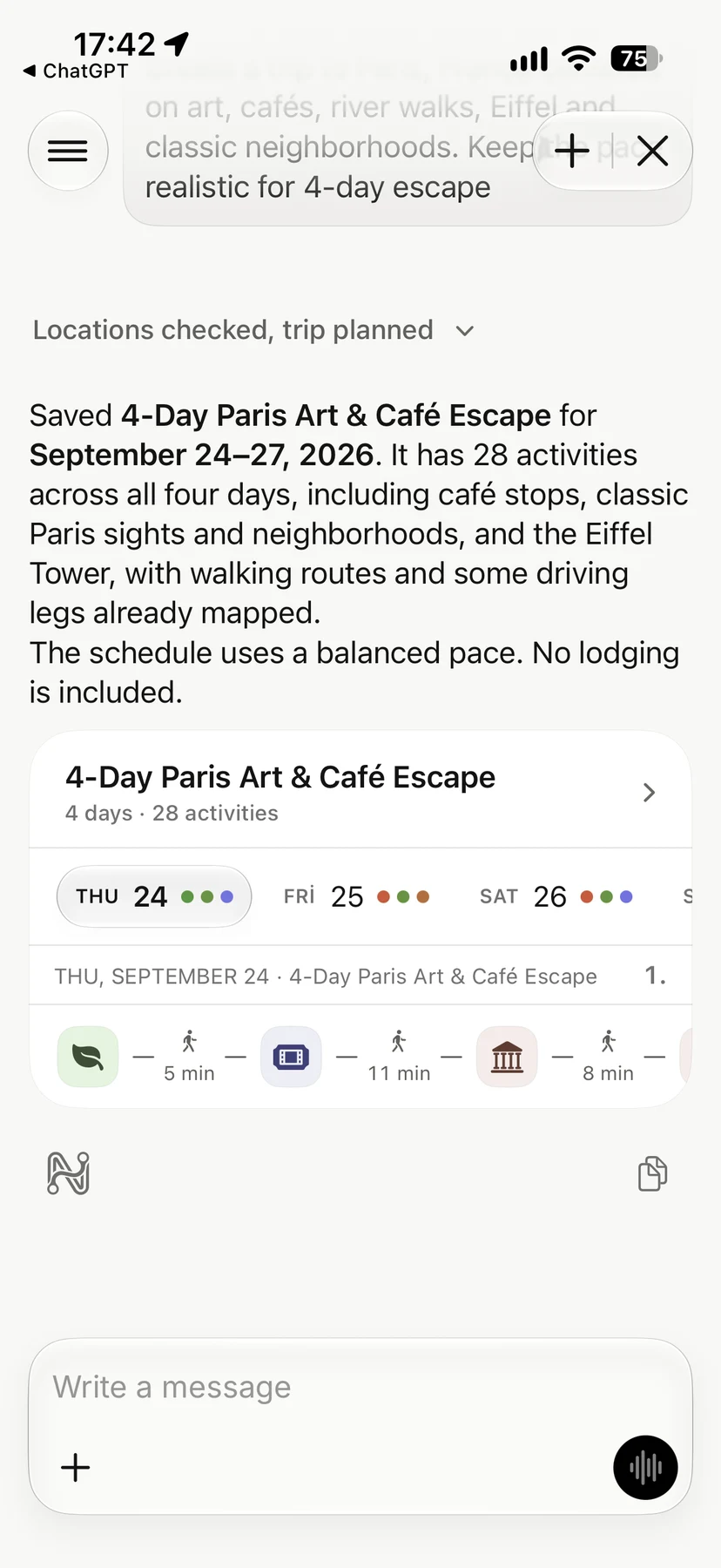 Paris trip planned in Navly chat, with the current day selector and route card