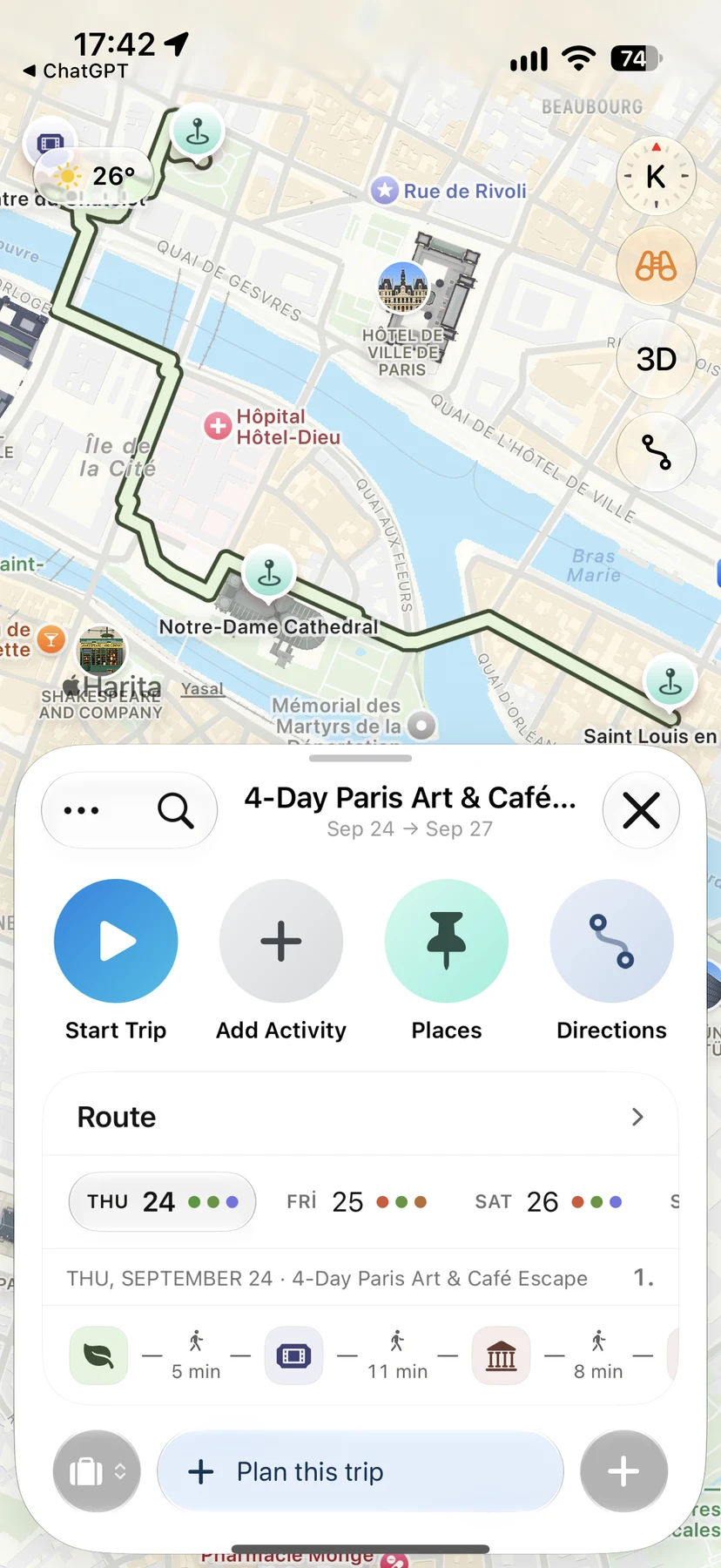 Your Paris trip and Start Trip action in Navly